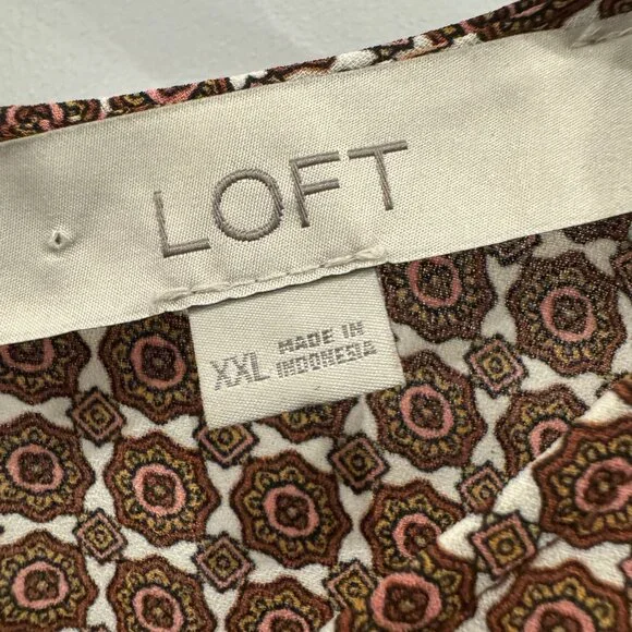 Loft Long-Sleeve Top Brown with Cream & Pink Design EUC - Picture 5 of 7